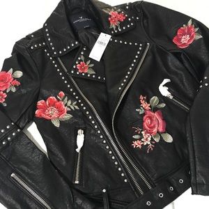 AE leather embroidered floral moto jacket